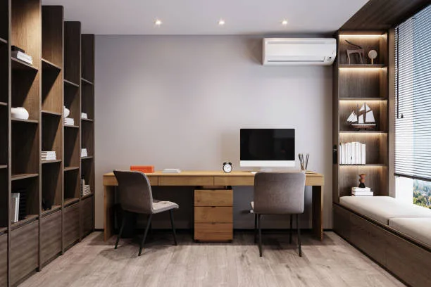 Cozy, Modern home office workplace with computer and desk