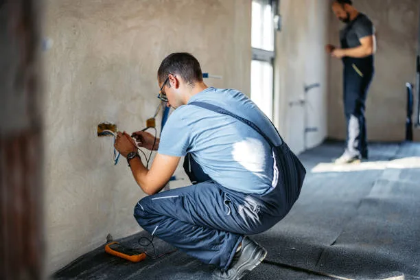 Electrician in overalls checking the electric cables with an electric wire tracer in an empty apartment under renovation.