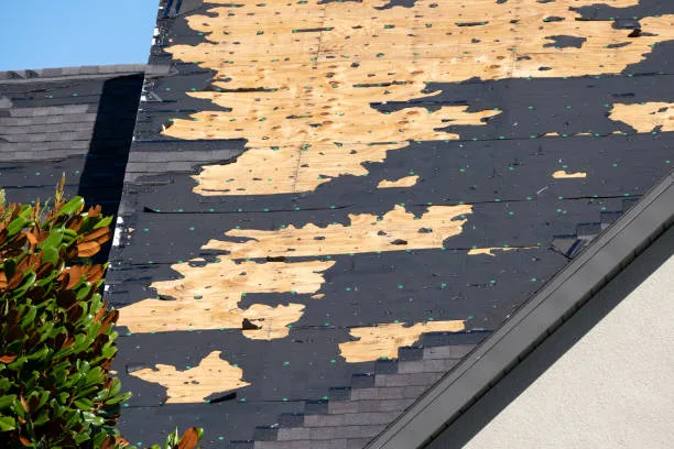 Ruined rooftop in need of repair. Wind damaged house roof with missing asphalt shingles after hurricane Ian in Florida.
