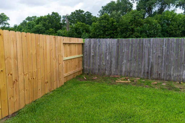 Wooden privacy fence, new and old in the same yard