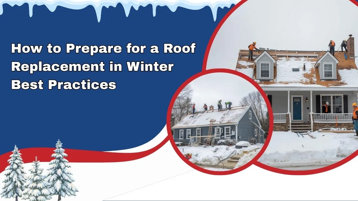 “roofing contractors replacing a house roof during winter with snow on the ground. ”