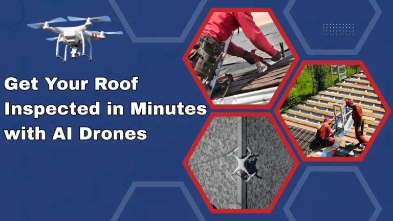 AI drone inspecting a residential roof while roofing professionals repair shingles, showcasing fast roof inspection technology.