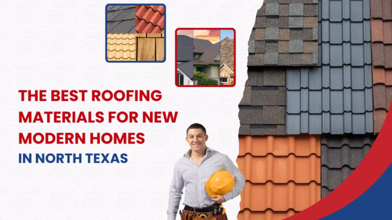 Modern roofing materials including asphalt shingles, metal roofing, and tile roofs on North Texas homes