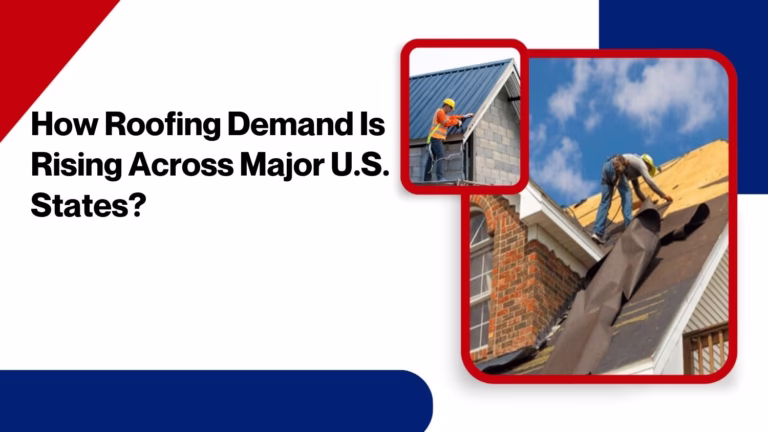 Roofing contractors installing and repairing residential roofs, showing the rising demand for roofing services across major U.S. states.