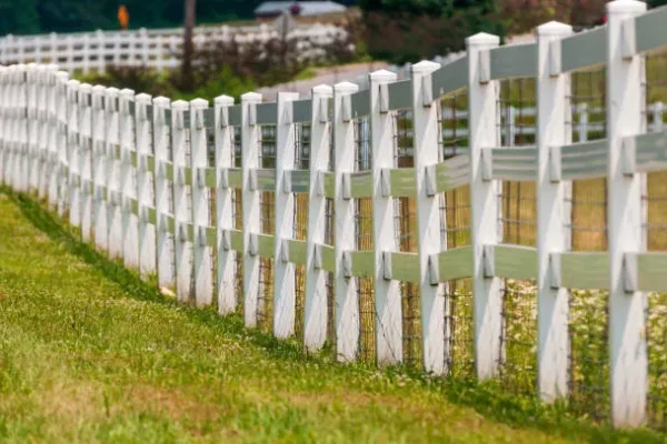 White fence separating fields in northern NJ.  Taken in sunlight in summer.