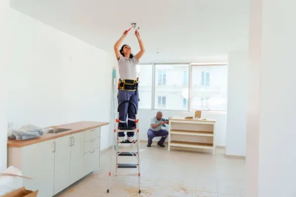 Female electrician working in a kitchen remodeling