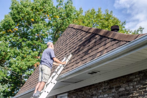 Mature man standing in ladder and holding asphalt shingle to repair roof during summer day